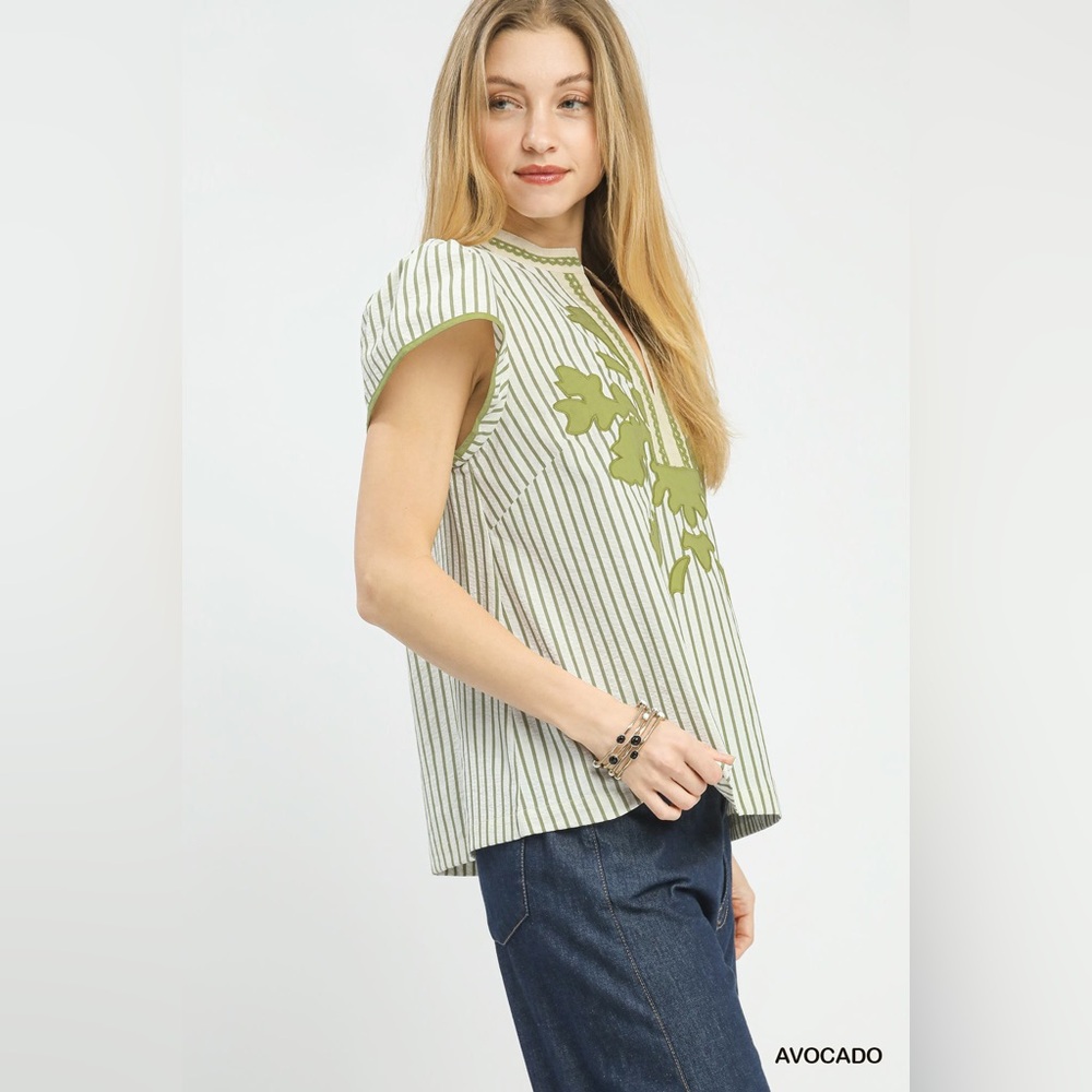 Umgee V-Neck Stripe Embroidered Top with Lace Trim - Picture 4 of 9